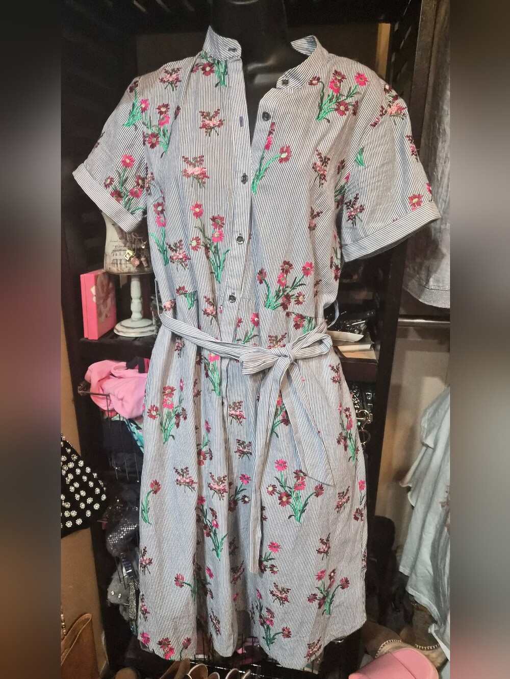 MAEVE Floral & Stripe Shirt Dress Size 6 Heavy Embroidered Pockets